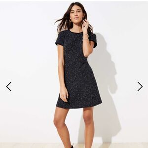 LOFT Dress Knee Length Cinched Waist Fringed Cap Sleeves Black and White Size 10